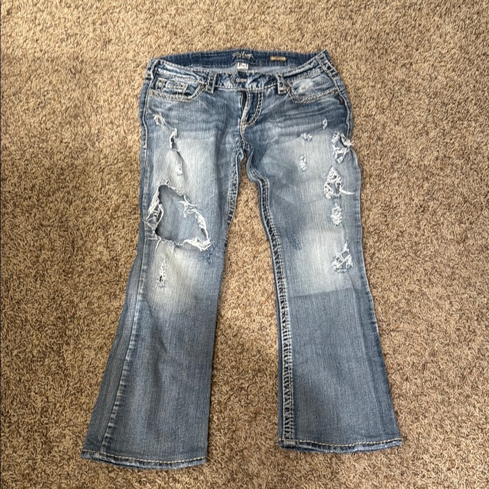 Silver Jeans Blue Flare Wide Leg Distressed Denim